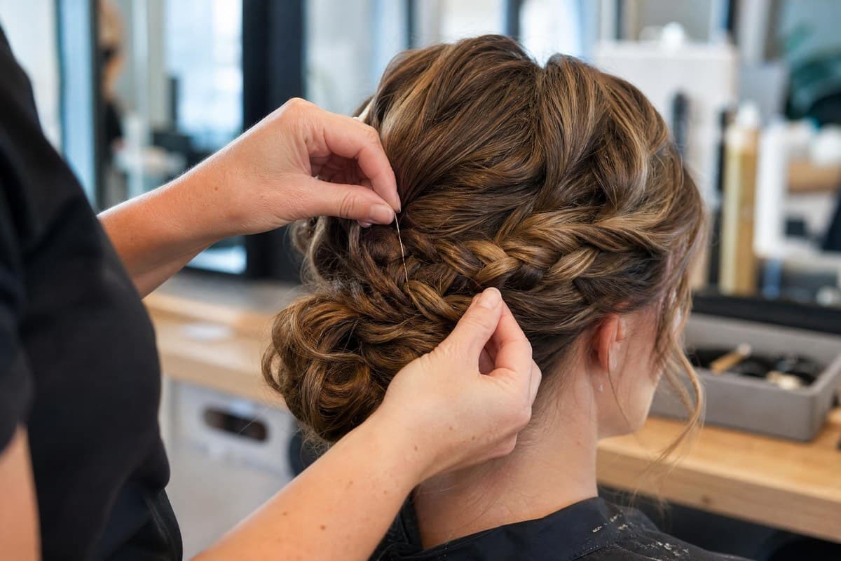 Topcuts stylist pinning an updo during an extended styling service.