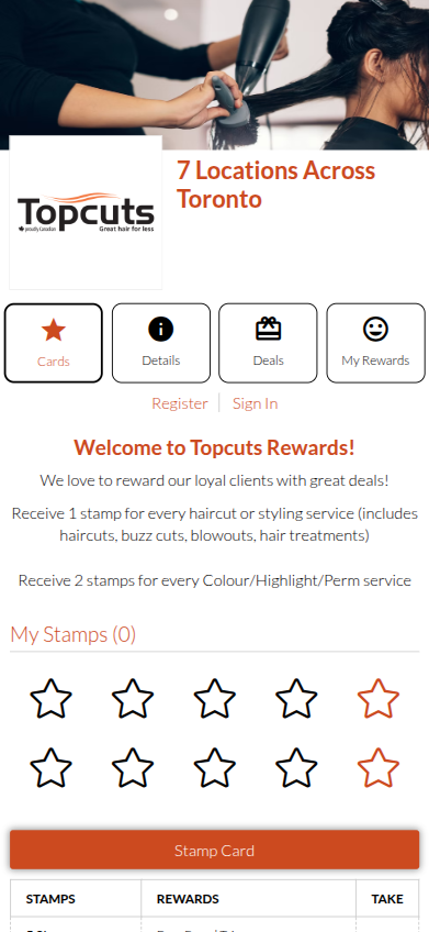 Topcuts Rewards mobile stamp card