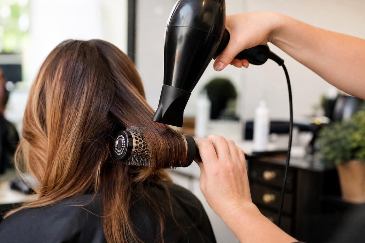 Topcuts stylist blow drying and styling hair with a round brush.