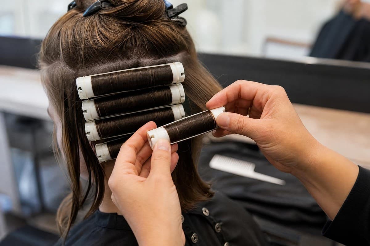 Classic roller set being placed during a Topcuts salon service.
